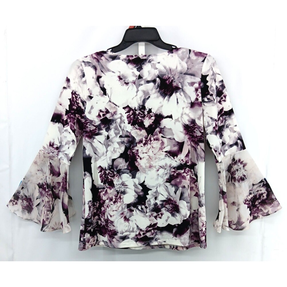 Calvin Klein Blouse Womens Large White Purple Floral Bell Sleeve Round Neck Top - Picture 3 of 6